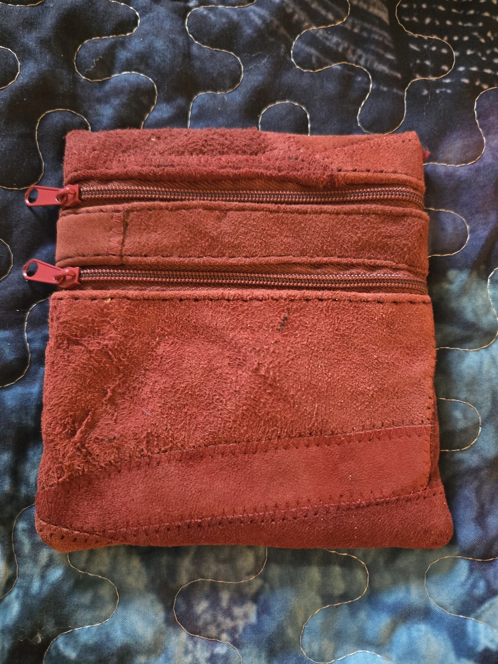 Suede Double-Zip Pouch in Deep Red